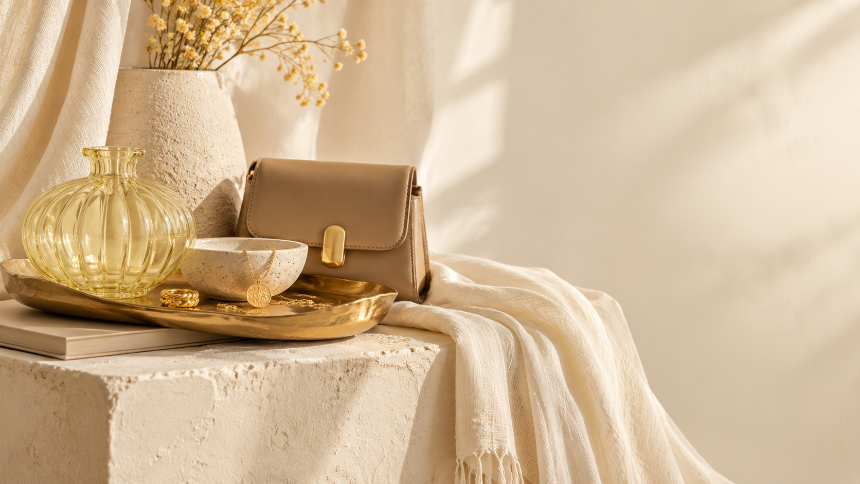 A refined cream and gold still life of carefully curated accessories and objects